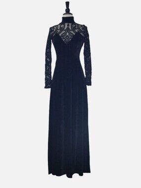 Long Sleeve Black Lace Velvet Maxi Dress
